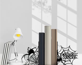 Custom Spider Web Bookend Metal Office Decor, Personalized Name Book End, Book Stand Black Metal Art, Book Nook Office Decor for Book Lover