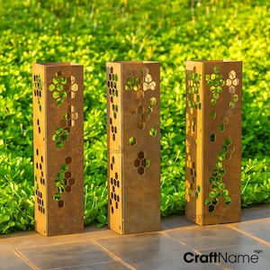 Set of 3 Rustic Rusty Beehive Metal Garden Column Landscape Design Yard Decor, Outdoor Garden Sculpture Art, Custom Garden Furniture