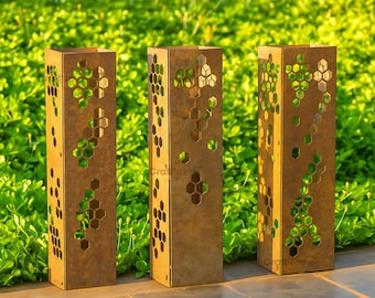 Set of 3 Rustic Rusty Beehive Metal Garden Column Landscape Design Yard Decor, Outdoor Garden Sculpture Art, Custom Garden Furniture