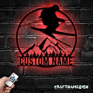 Custom Snow Skiing Winter Sport Metal Wall Art LED Light - Personalized Alpine Downhill Skier Name Sign Home Decor - Ideal for Home Decor &