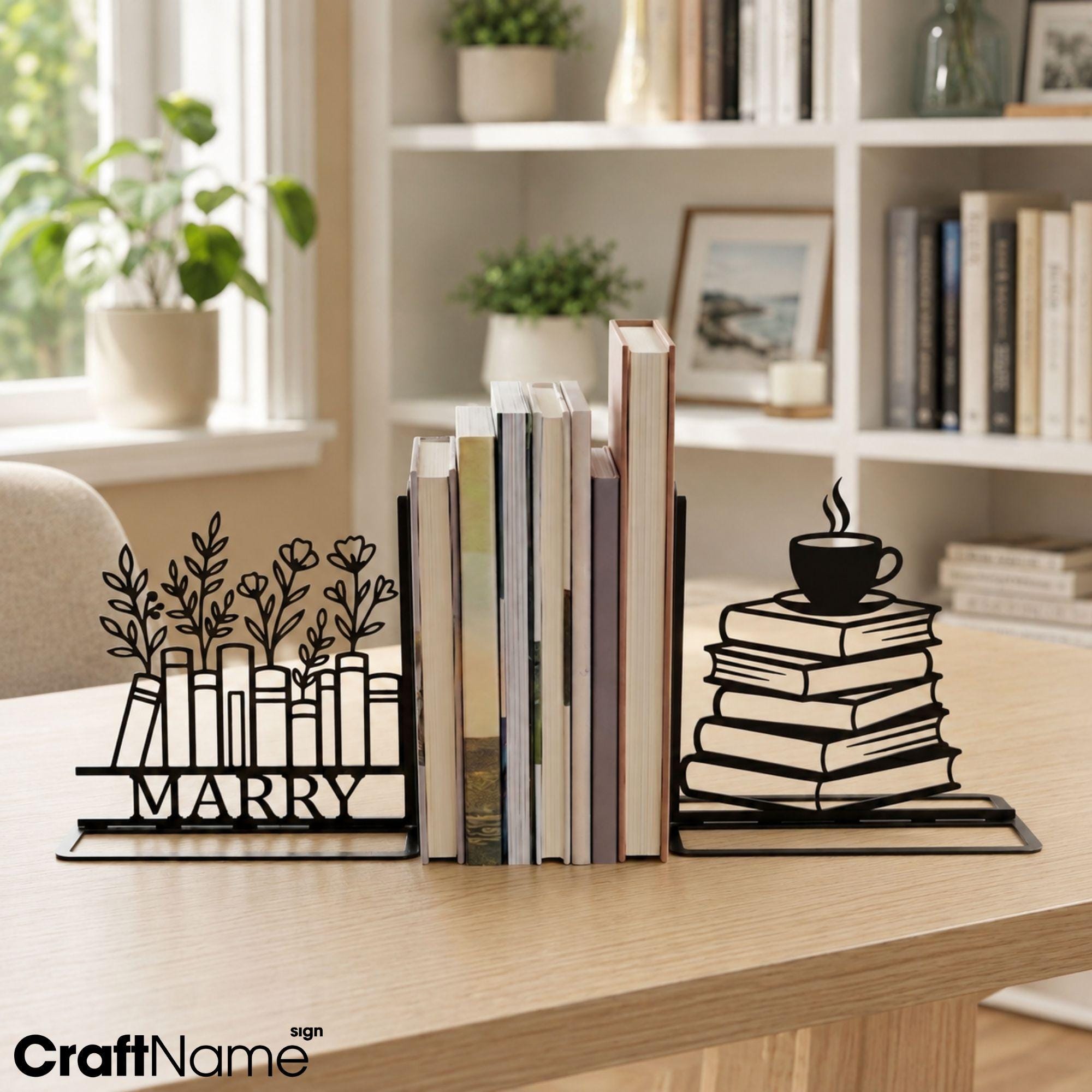 Custom Coffee and Flowers Metal Bookends, Personalized Name Floral Book Holder, Kitchen Shelf Decor