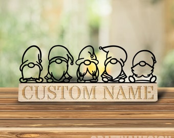 Personalized Wooden Christmas Gnome Desk Name Plate, Custom Cute Gnome Metal Nameplate for desk, Desk Nameplate, Office Decor, New Job Gifts