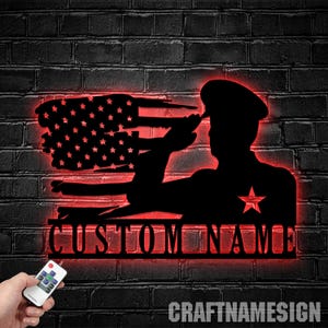 Niestandardowe saluty weteranów flaga USA metalowa sztuka ścienna LED światło, metalowy znak weterana na dzień weteranów dekoracja ścienna, spersonalizowany znak z imieniem weterana