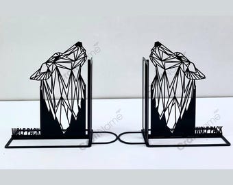 Sujetalibros de metal con diseño geométrico de lobo personalizado, sujetalibros con nombre de lobo salvaje personalizado, soporte para libros de metal negro, decoración para rincón de lectura u oficina.