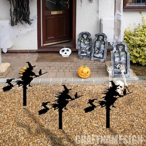 Witch with Broomstick Metal Yard Decor, Halloween Garden Stakes, Rustic Metal Yard Art, Spooky Decor, Halloween Garden Decoration