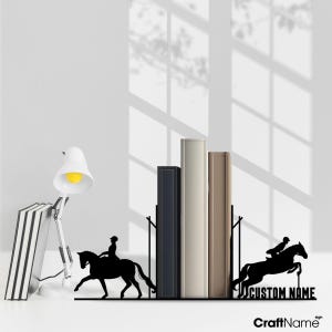 Custom Equestrian Desk Bookend Metal Sign, Personalized Horse Rider Name Book Ends, Book Stand Black Metal Art, Book Nook Office Table Decor