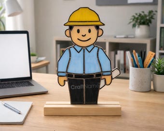 Civil Engineer Stained Glass with Wooden Base, Architect Glass Art for Window or Office Desk Decor, Appreciation Gift for Dad or Husband