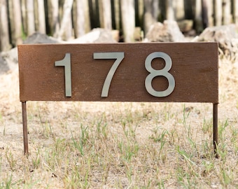 Personalized Rustic Metal House Number Sign Outdoor Yard Art, Custom Modern House Numbers Lawn Art, Horizontal Address Numbers Garden Stakes
