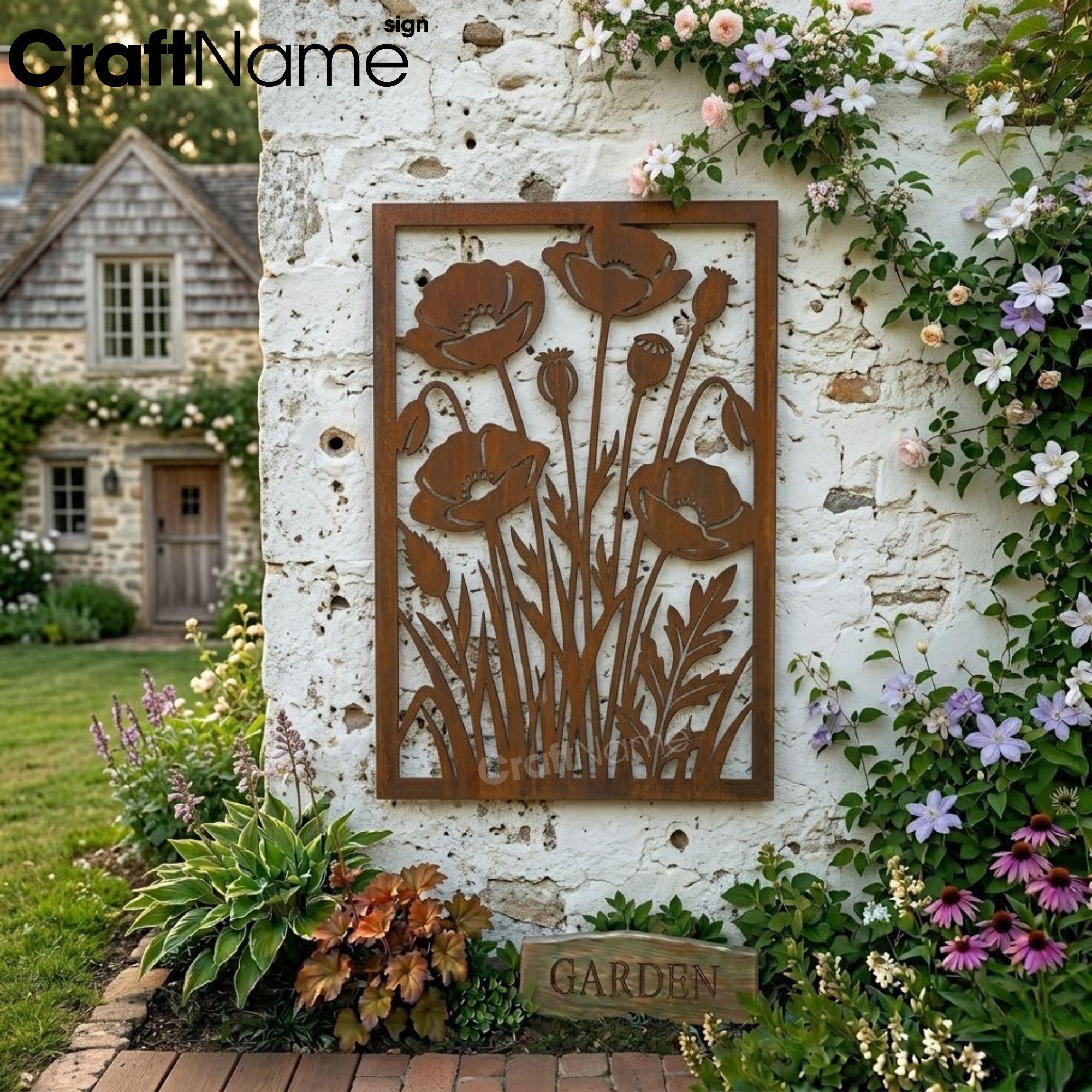 Rustic Poppy Stem Metal Wall Panel, Flower Weathering Steel Art