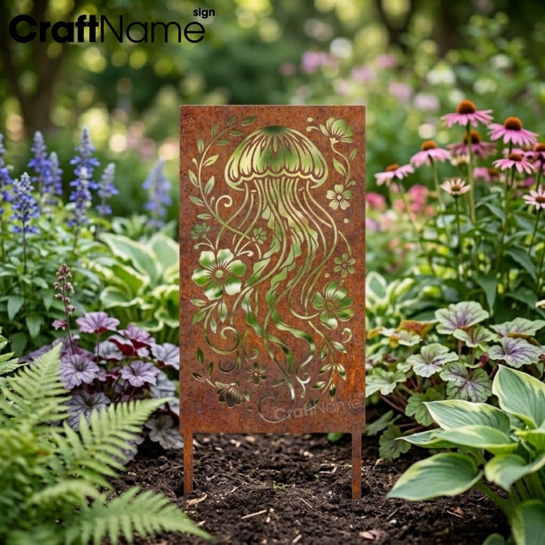 Rustic Jellyfish Flower Metal Garden Panel, Nautical Silhouette Outdoor ...