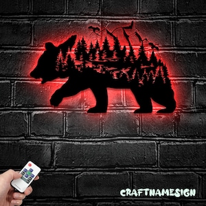 Luz LED de arte de pared de metal de oso de montaña - Decoración del hogar con letrero de oso y bosque - Ideal para decoración y regalo del hogar - Regalos de decoración con tema de montaña