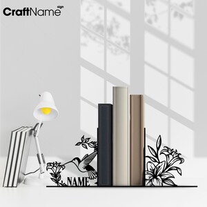 Personalized Hummingbird Metal Bookend Table Decor, Custom Hummingbird Name Book End, Book Stand Black Metal Art, Book Nook Office Decor