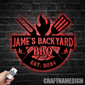 Targa in metallo personalizzata per bar grill da cortile, targa led per ristorante con barbecue, targa in metallo personalizzata con nome del ristorante con barbecue, luce led per negozio di barbecue