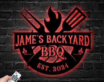 Custom Backyard Grill Bar Metal Sign, BBQ Grilling Restaurant Led Sign, Personalized Barbecue Restaurant Name Metal Sign, BBQ Shop Led Light