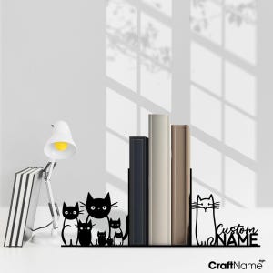 Personalized Funny Cats Bookend Metal, Custom Pet Lover Name Book Ends, Book Stand Black Metal Art, Book Nook Office Decor for Book Lover