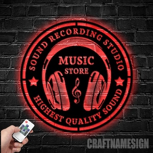 Custom Music Audio Studio Metal Wall Art LED Light | Personalized Microphone Headphones Name Sign | Home Decor Musical Musician Room