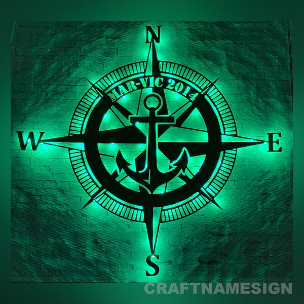 Personalized GPS Anchor Compass Metal Wall Art LED Light, Custom Coordinates Sign Home Decor, Nautical Decoration Housewarming Birthday Xmas