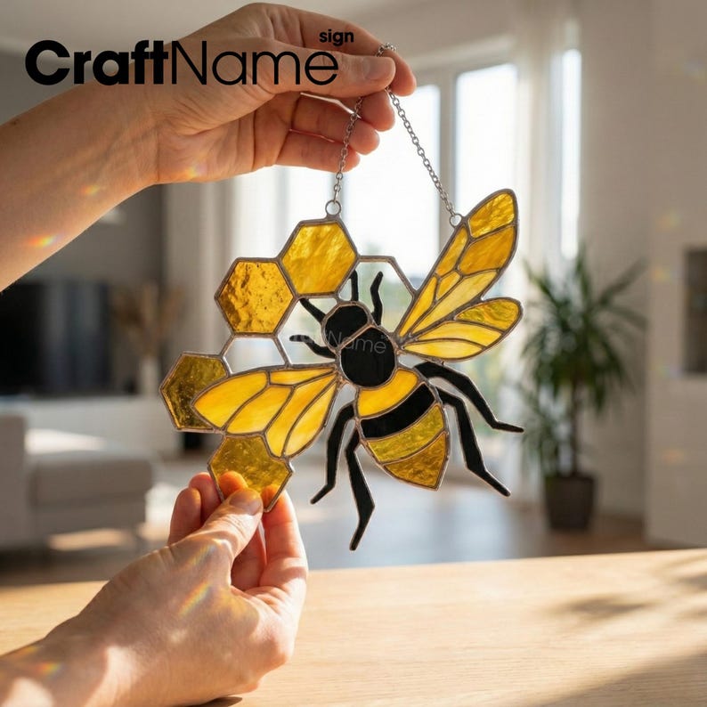 Bee Stained Glass, Handmade Window Suncatcher Art Panel, Glass Hanging ...
