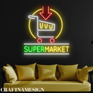 Shopping Cart Supermarket Neon Decor, Open Supermarket Shopping Mall Led Light Sign, Custom Led Light, Supermarket Shopping Cart Wall Art