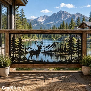 Deer by Mountain Lake Metal Railing Panel, Pine Forest Deck Insert, Wildlife Outdoor Privacy Screen