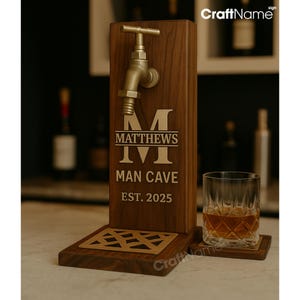 Personalized Engraving Wooden Whiskey Dispenser, Custom Name Bourbon Dispenser for Home Bar Pub Decor, Beverage Decanter, Man Cave Art Decor