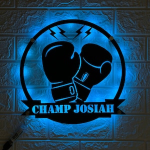 Custom Boxing Gloves Metal Wall Art with LED Light - Personalized King Boxer Belt Name Sign Home Decor - Ideal for Home Decor & Gift