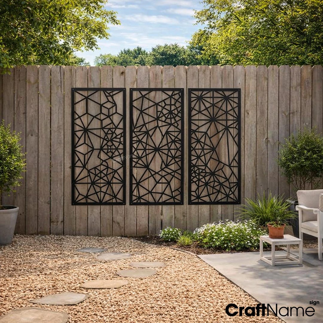 Fence Panel Set Modern Geometric Metal Set of 3 Fence Panel Outdoor Privacy Screen Wall ...