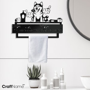 Portasciugamani da parete personalizzato con cartello in metallo con cane husky, portarotolo in metallo per carta igienica, portasciugamani per la decorazione della parete del bagno