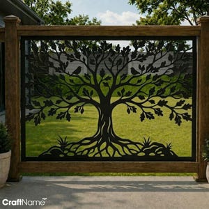 May include: A black metal decorative panel featuring a laser-cut design of a tree with spreading branches, exposed roots, and two small birds perched on the limbs. The panel is framed by a brown wooden structure with vertical posts and horizontal rails.