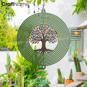 Personalized Family Tree Hanging Wind Spinner, Custom Family Last Name Wind Spinner Metal Yard Art, Outdoor Garden Decor For Mom