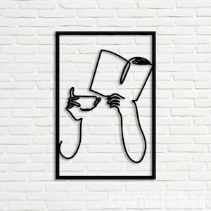 Coffee Book Reading Line Art Metal Wall Art LED, Light Book Lover Sign Home Decor, Read More Books Nerd Nursery Decoration, Book Lover Gift