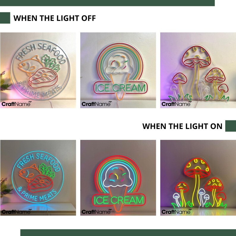 May include: A collection of neon signs, including "Fresh Seafood & Prime Meats", an ice cream cone, and mushrooms. The signs are shown both off and on, with vibrant colors when illuminated. The brand name "CraftName" is visible.