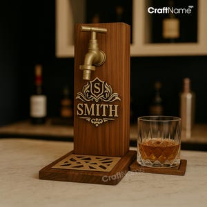 Personalized Engraving Wooden Whiskey Dispenser, Custom Initial Family Name, Bourbon Dispenser for Home Bar Pub Decor, Beverage Decanter