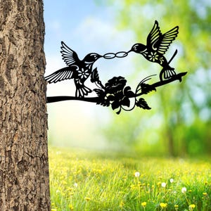 Custom Couple Hummingbird Infinity Love Metal Tree Stake, Hummingbird Garden Sculpture Metal Tree Art, Laser Cut Metal Garden Decor