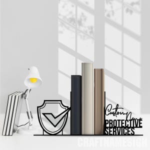Custom Protective Services Metal Bookends, Personalized Name Book End, Book Stand Black Metal Art, Book Nook Office Decor for Book Lover