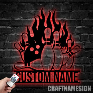 Personalized US Bowling Metal Wall Art with LED Light, Custom Bowling Player Name Sign Home Decor, Nursery Decoration Man Cave Christmas