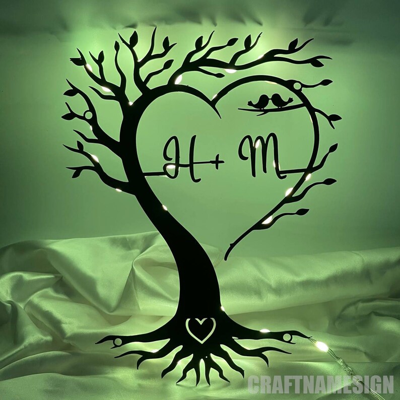 Tree With Initals R S Personalized Unique Tree Heart & Names Metal Wall Art Led Light, Tree ...