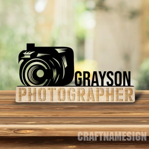 Custom Photographer Wooden Desk Name Plate, Camera Photography Metal Nameplate for desk, Office Decor, Desk Name Plate, New Job Gift