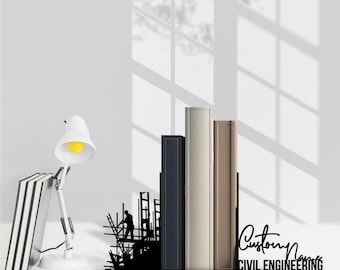 Personalized Civil Engineering Bookends, Custom Civil Engineer Book End, Book Stand Black Metal Art, Book Nook Office Decor for Book Lover