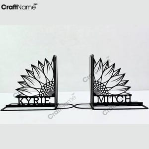 Custom Sunflower Metal Bookend, Sunflower Lover Name Book Ends, Book Stand Black Metal Art, Book Nook Office Decor, Book Holder Sign