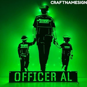 Custom Policeman With Daughter And Son Metal Sign, Policeman Led Sign, Personalized Policeman Name Metal Sign, Decor Gifts For Dad