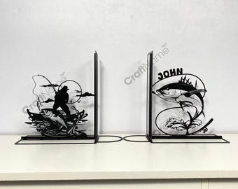 Personalized Fisherman Metal Bookend, Custom Bass Fishing Book End, Book Stand Black Metal Art, Book Nook Office Decor for Book Lover
