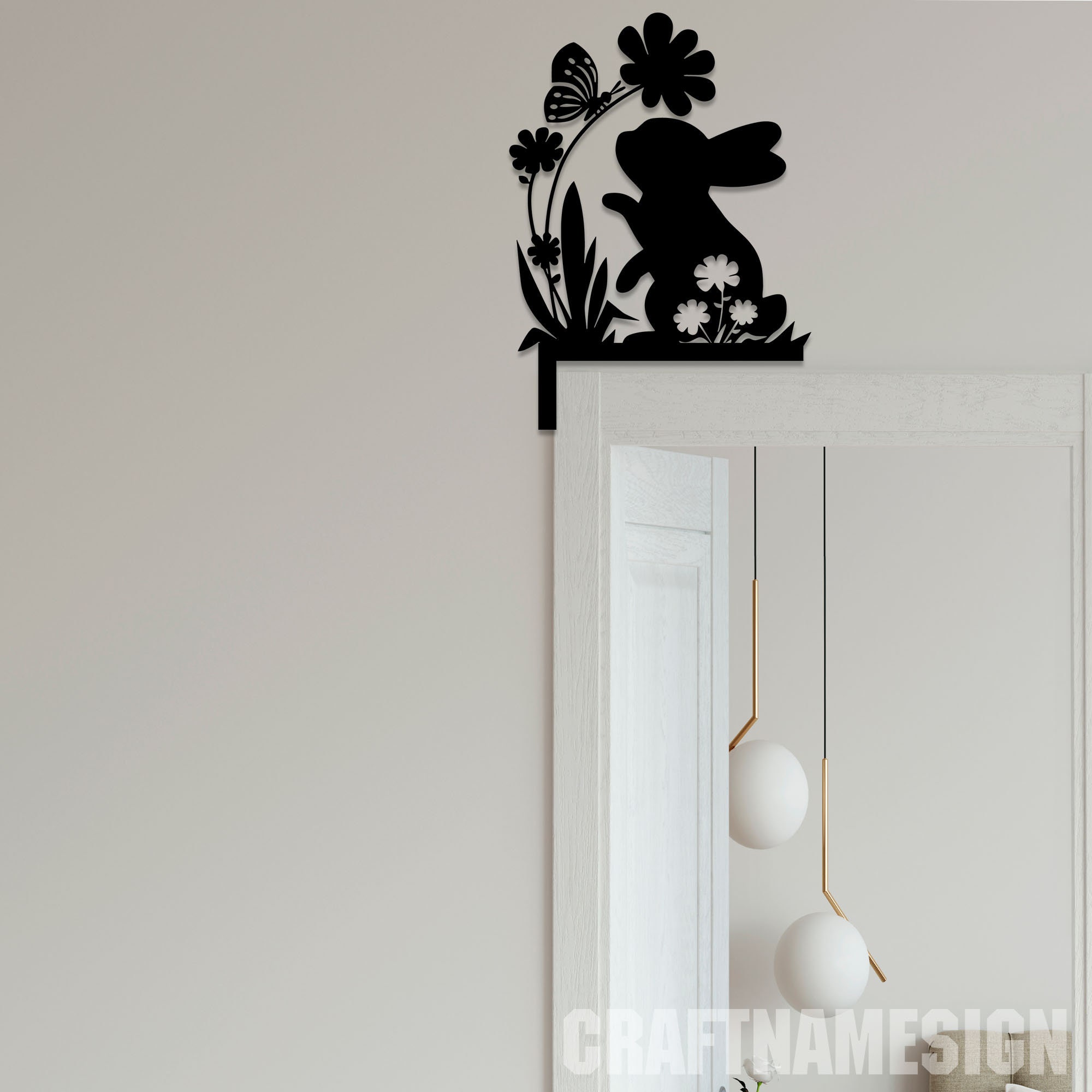 Door Frame Rabbits Bunny Butterfly on Nose Door Topper Metal Wall Art, Rabbit Door Corner ...