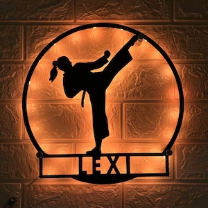 Custom Girl Taekwondo Martial Arts Metal Wall Art with LED Light Personalized Kid Tae Kwon Do Name Sign Home Kidroom decor image 1