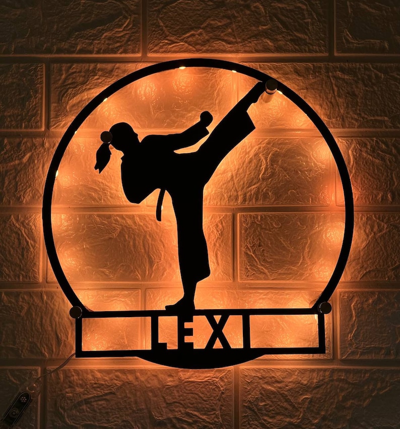 Custom Girl Taekwondo Martial Arts Metal Wall Art with LED Light Personalized Kid Tae Kwon Do Name Sign Home Kidroom decor image 1