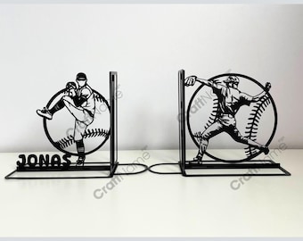 Sujetalibros de metal con diseño de lanzador de béisbol personalizado, sujetalibros con nombre de jugador de béisbol personalizado, soporte para libros de metal negro, decoración de oficina con rincón de lectura