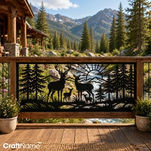 Deer Family Sunset Metal Railing Panel, Pine Forest Mountain Deck Insert, Wildlife Privacy Screen
