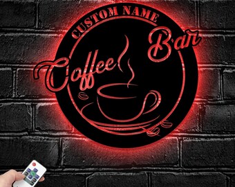 Custom Cocktail And Coffee Bar Metal Wall Art LED Light - Personalized Coffee Lover Name Sign Home Decor - Ideal for Home Decor & Gift