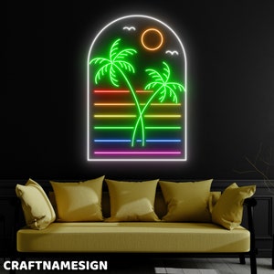 Sunrise On The Beach With Trees Neon Sign, Palm Tree Led Sign, Custom Neon Sign, Home Bar Neon Sign, Party Event Wall Decor, Beach View Deco