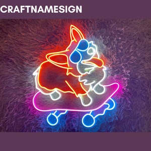 Cool Corgi Skateboarding Led Sign, Corgi Skateboarding Neon Sign, Custom Neon Sign, Gift For Kid, Welsh Corgi Lover Gift Bedroom Decor